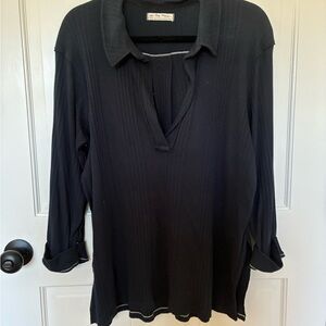 Free People Black Ribbed V-Neck Collared Tunic Top